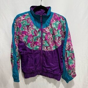 Puma Vintage Windbreaker Jacket Floral Colorblock 80s Retro Medium Festival Rave